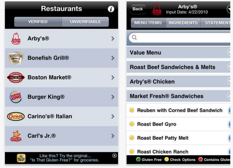 iPhone iPad, söka efter, Allergy Free, glutenfria menyer