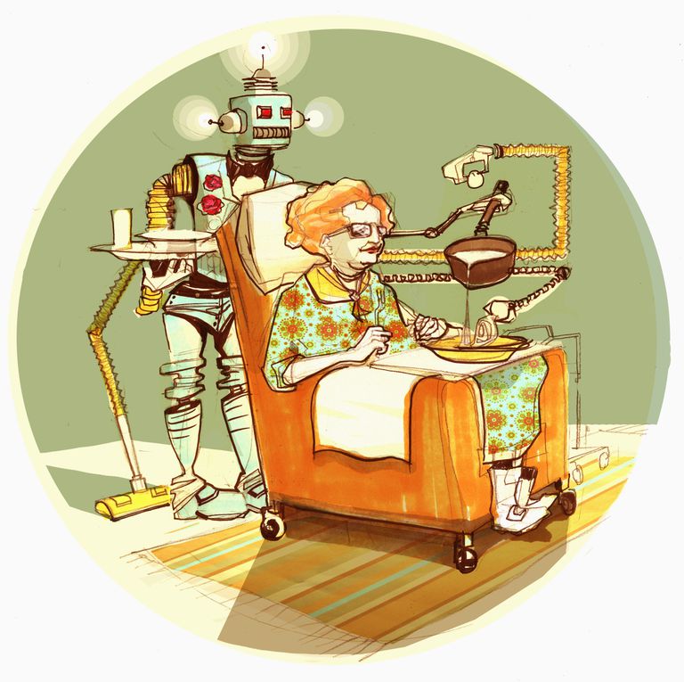 äldre människor, aspekter vård, robotar kommer, titta efter